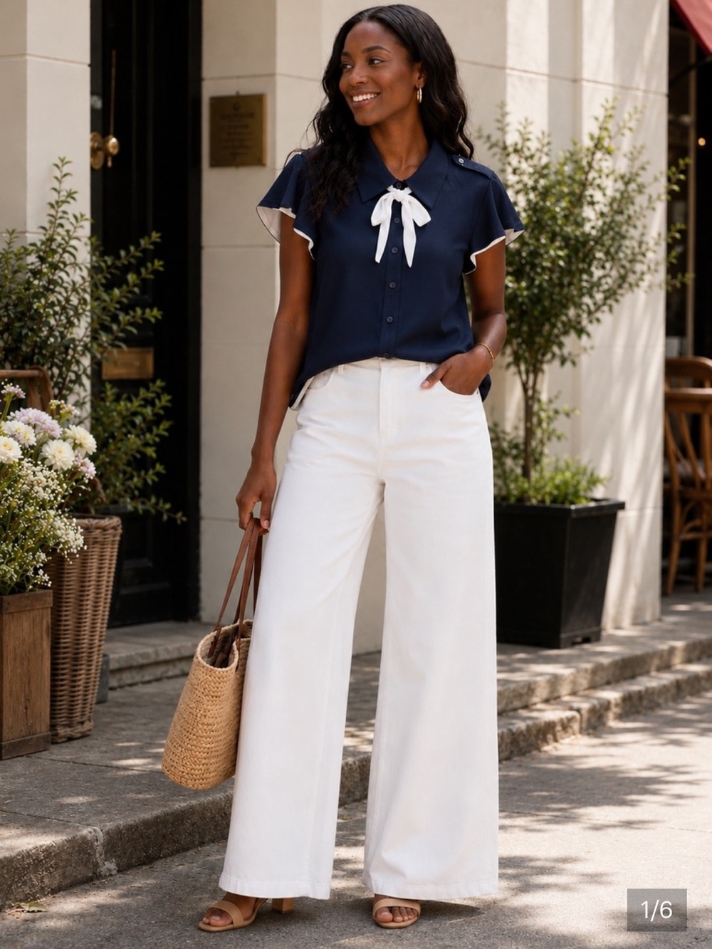 Tulip B Blue Slit Short Sleeves Button Front White Front Bow Blouse. Size L & XL
